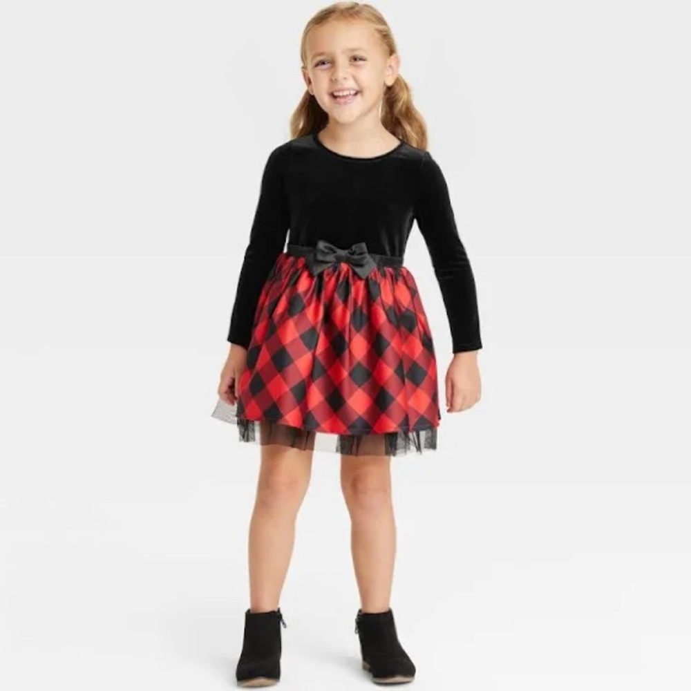 Toddler Girls’ Plaid Long Sleeve Dress - black/red - 12m & 4t (worn once!)